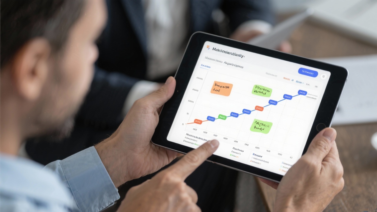 Advisor guiding business owner through analytics roadmap on a tablet with gantt chart and milestone notes visible