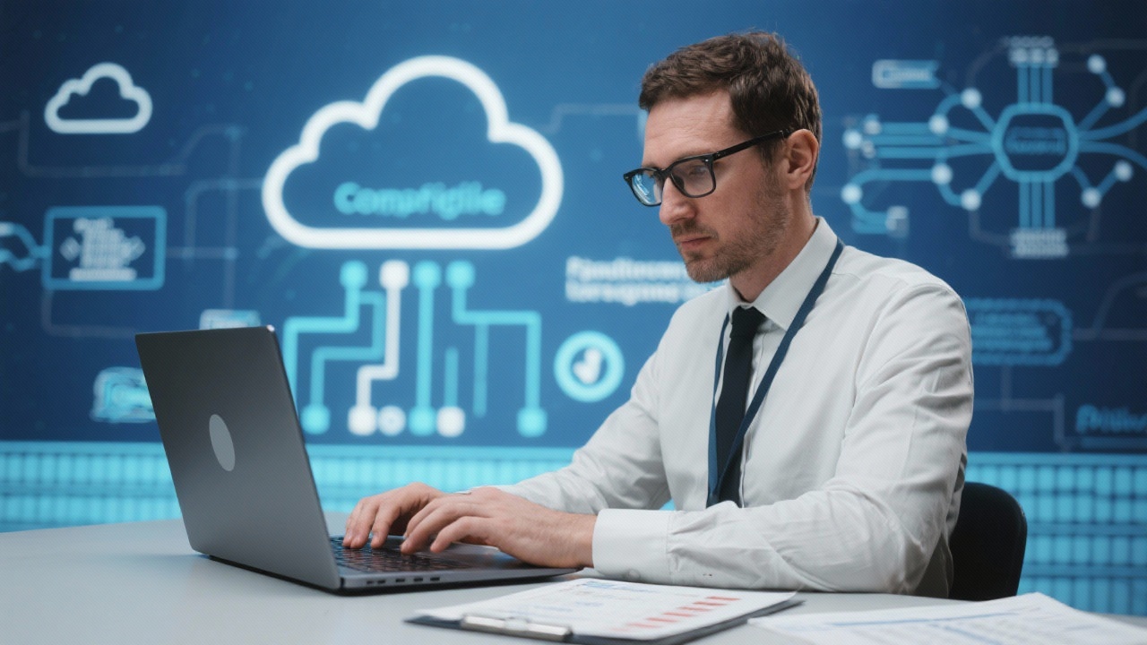 Compliance officer reviewing audit logs and policy checklists on a secure laptop with cloud infrastructure diagrams in the background