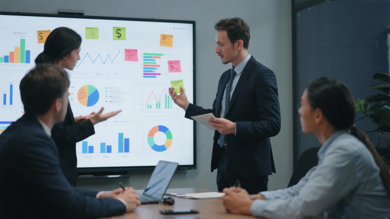 Finance professionals collaborating around a digital whiteboard with charts, sticky notes, and data models highlighted for business analysis
