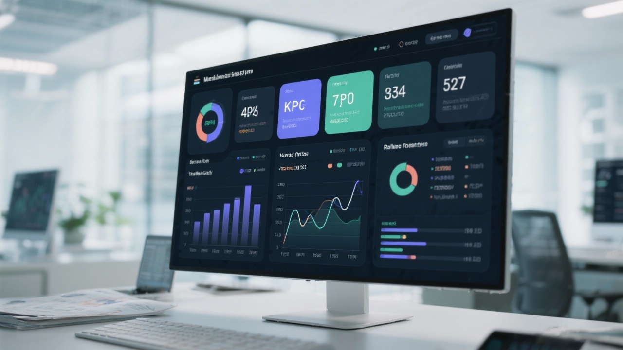 Modern finance dashboard with KPI tiles, variance analysis charts, rolling forecast line graphs and interactive filters displayed on a large monitor