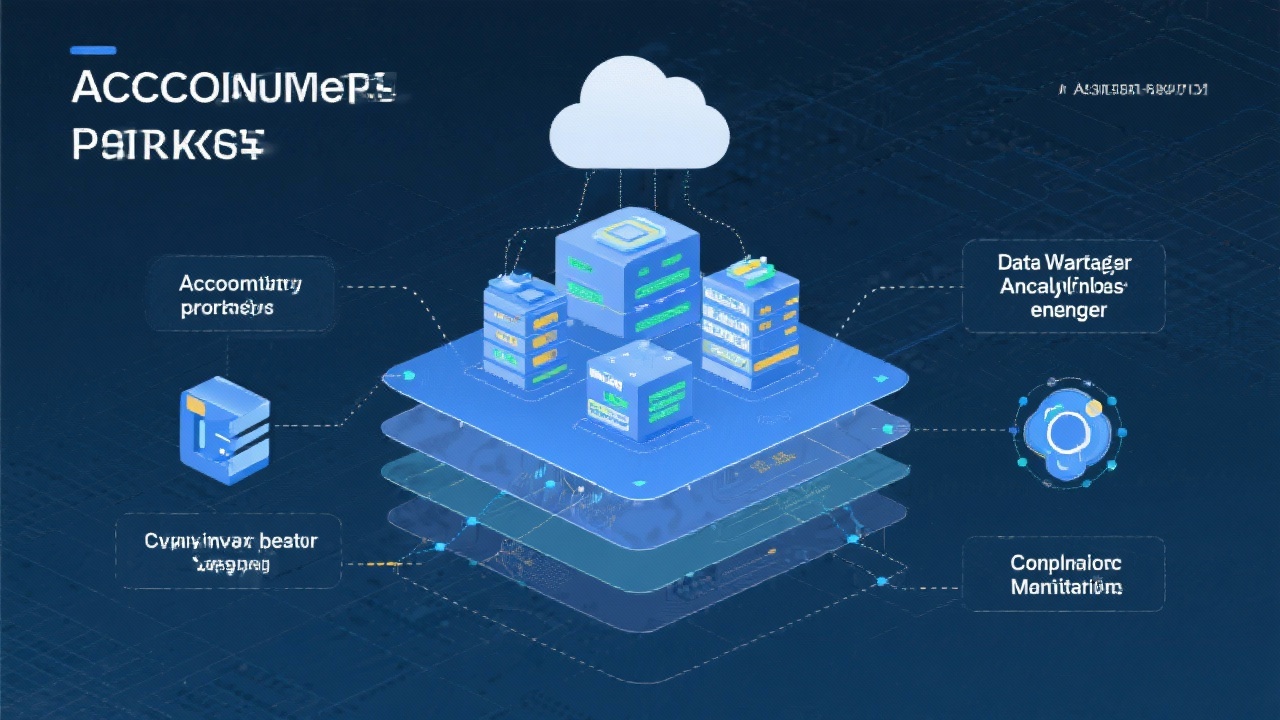 Technical diagram illustrating interconnected accounting platforms, data warehouse, analytics engine, and compliance monitoring layers within a secure cloud architecture